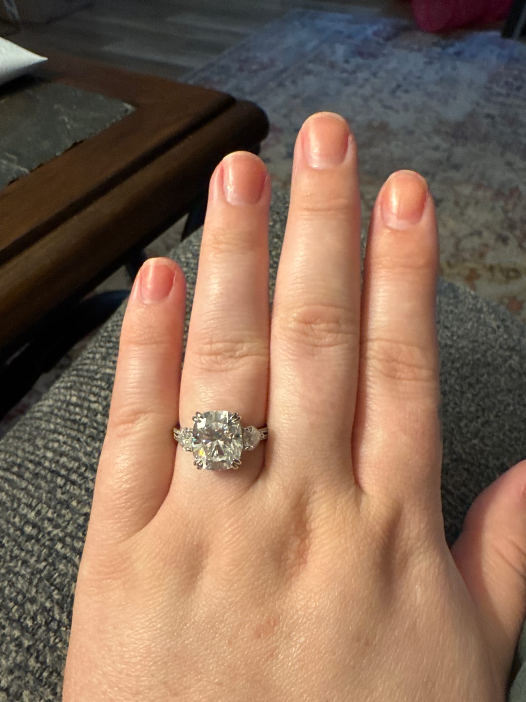 Customer photo review of Moissanite 6.0Ct Cushion Cut Three Stone Engagement Ring In Sterling Silver