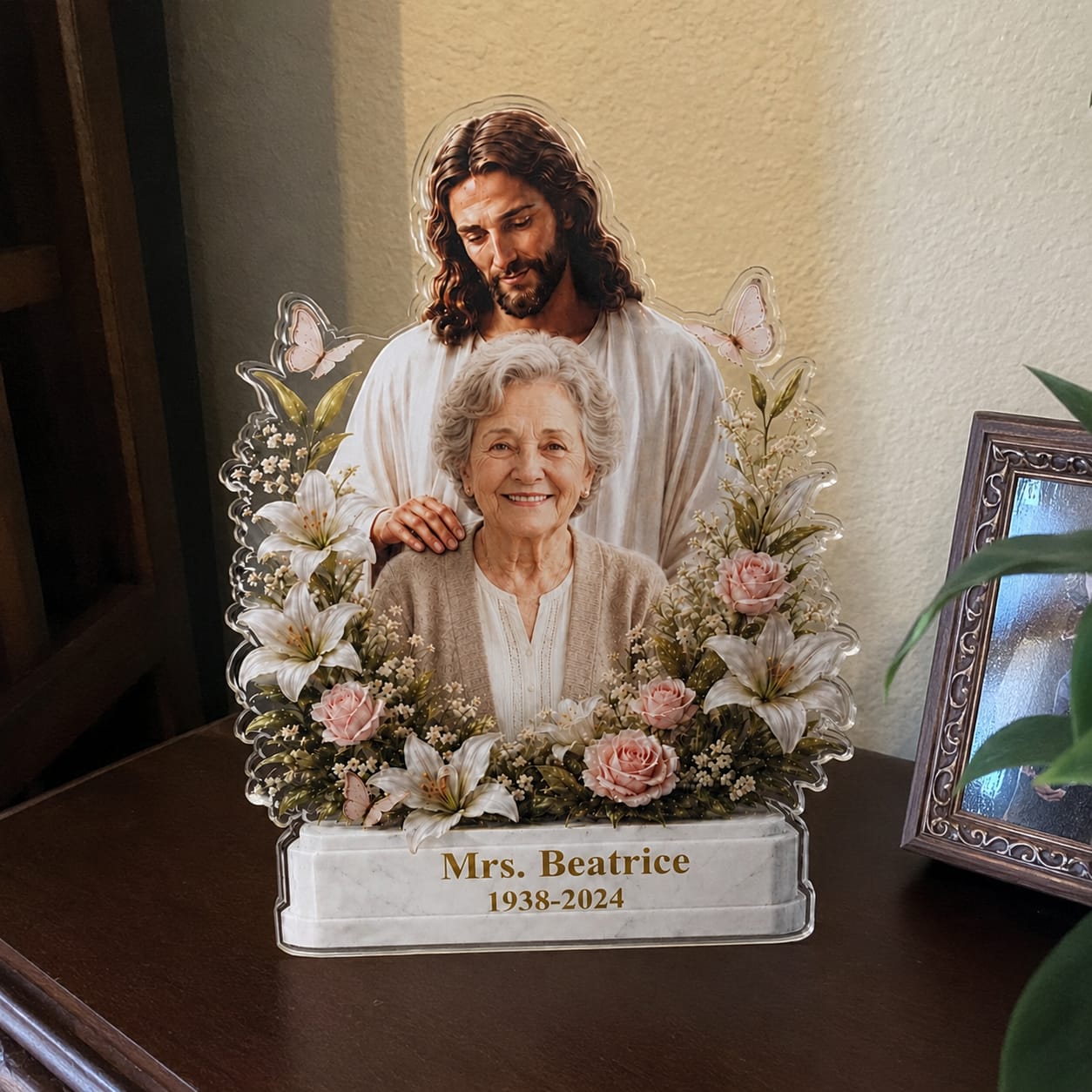 Customer photo review of Custom Photo Jesus Protecting Keepsake -  Personalized Custom Shape Acrylic Plaque - Memorial Gift for Loss of Loved One, Grandparents