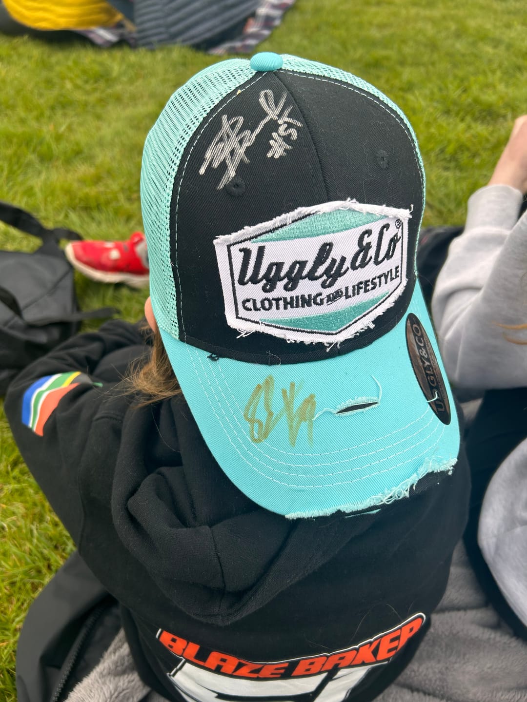 Customer photo review of Turquoise & Black Retro Diamond Trucker Cap