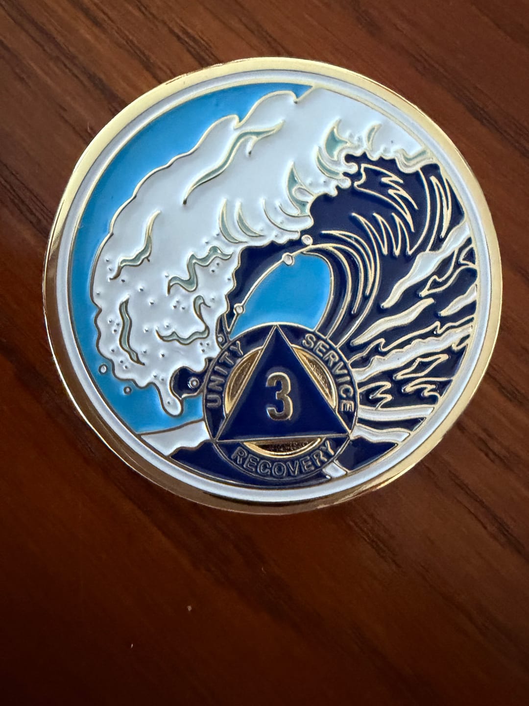 Customer photo review of 3 Year Sobriety Mint Crashing Wave Gold Plated AA Recovery Medallion - Three Year Chip/Coin - Blue/White