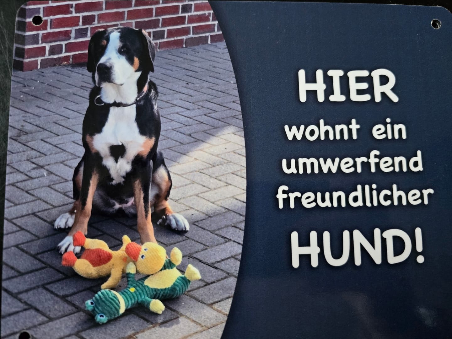 Customer photo review of Hunde-Türschild personalisiert mit Foto & Text (UV- und wetterfest)