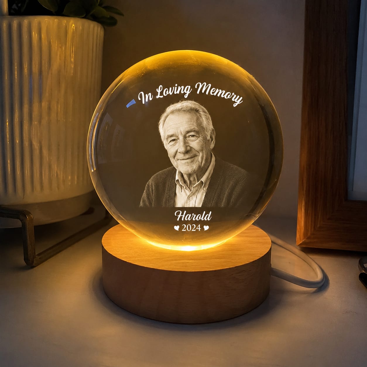 Customer photo review of Custom Photo Forever Loved Memorial - Personalized Crystal Ball LED Night Light - Memorial Gift for Loss of Mom, Dad, Grandparents