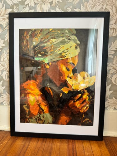 Customer's completed Silent Bloom paint by number artwork, matted and displayed in a black frame.