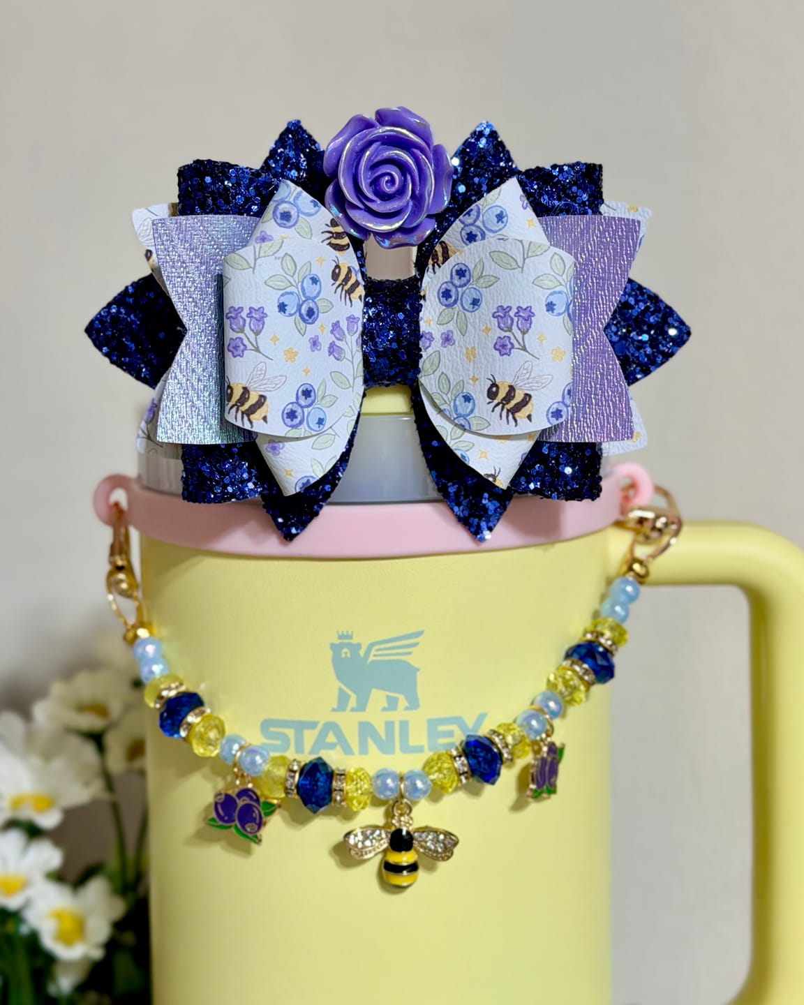 Customer photo review of Blueberry Bees Bow (10mm Straw Back)