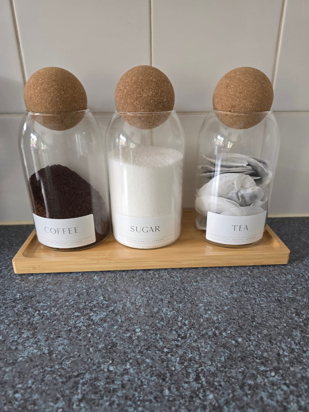Customer photo review of Set of 3 Cork Ball Glass Jars - Tea, Coffee and Sugar 800ml