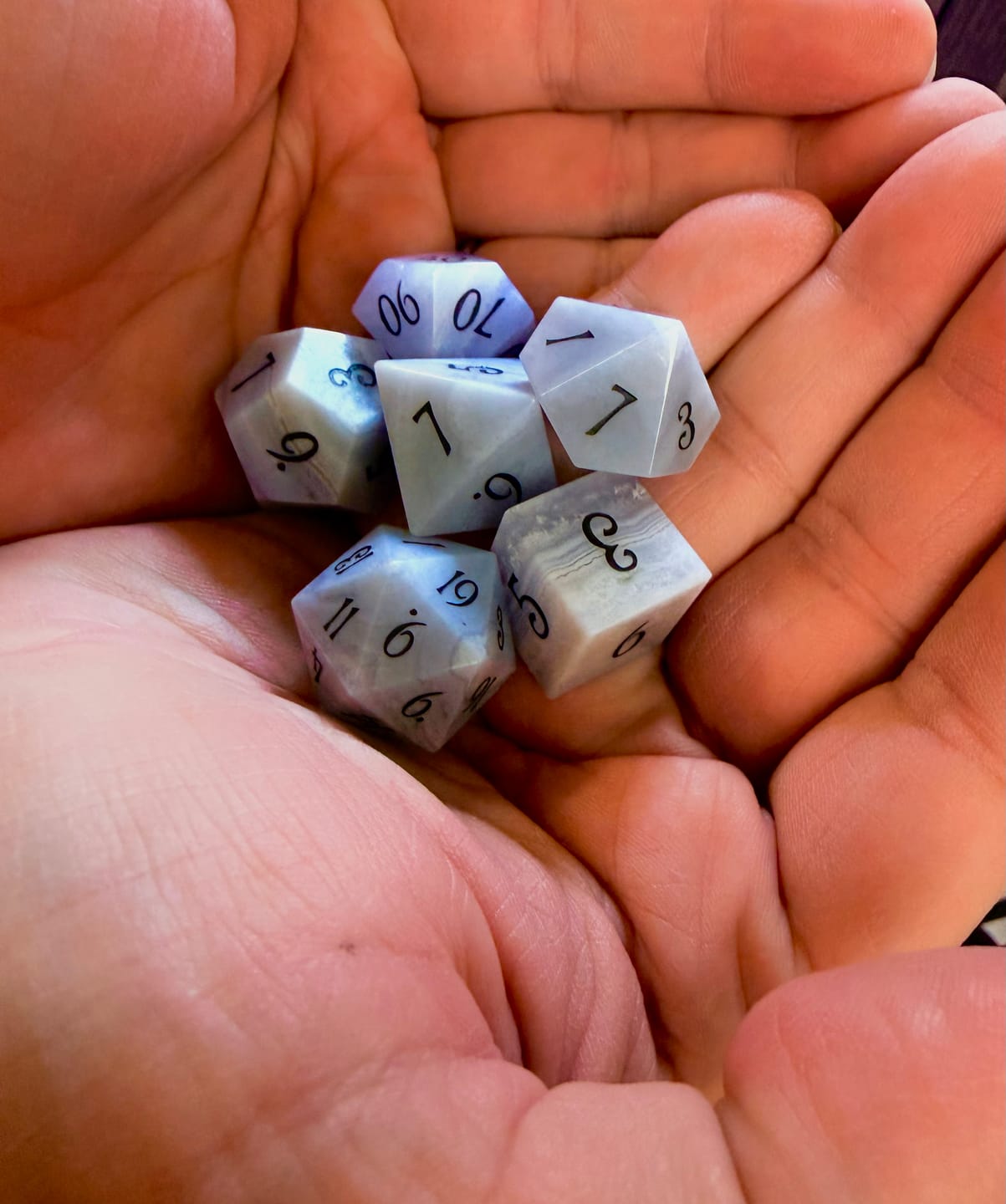 Customer photo review of URWizards D&D Blue Lace Agate Gemstone Engraved Dice Set(Limited Edition)