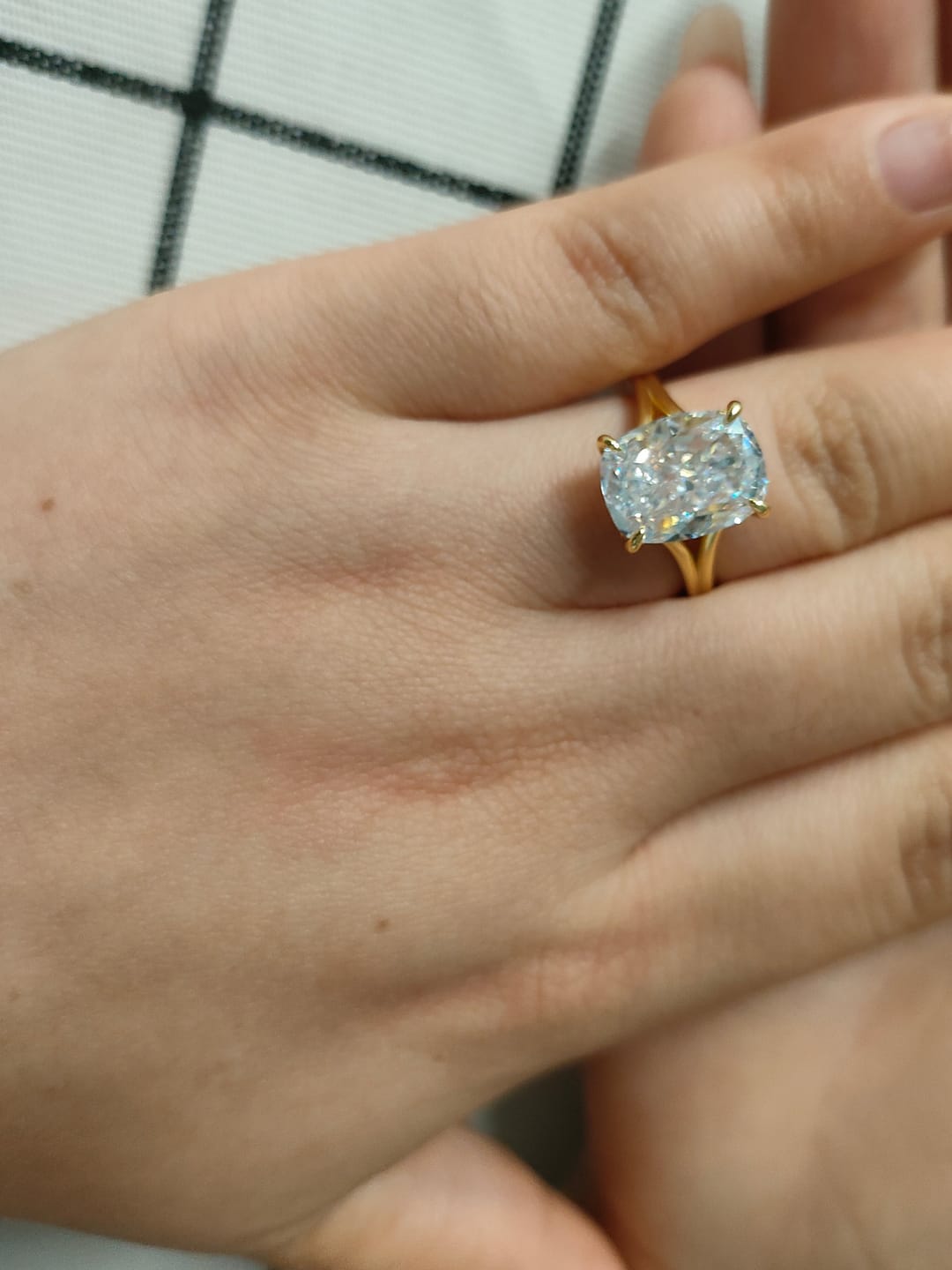 Customer photo review of S925 5.5Ct Cushion Cut Split Shank Engagement Ring Gold Plated Hidden Halo Bridal Ring For Everyday Wear