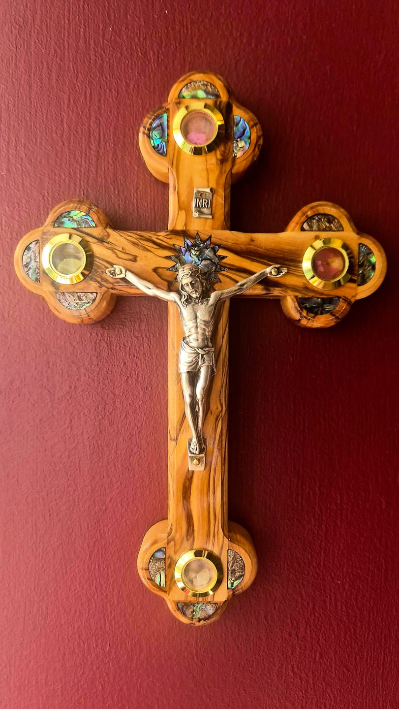 Customer photo review of Olive Wood Crucifix (Partially covered with Mother of Pearl) - Holy Land Crucifixes