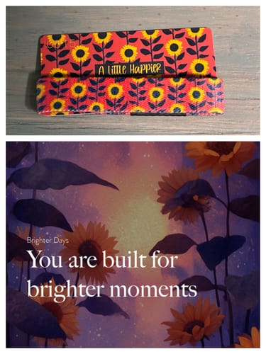 Customer's A Little Happier Bracelet with a red sunflower pattern, shown with a matching inspirational sunflower graphic.