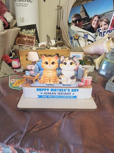 Reviewer's personalized wooden plaque showing two cute cats, Turkey and Moochi, on a couch.