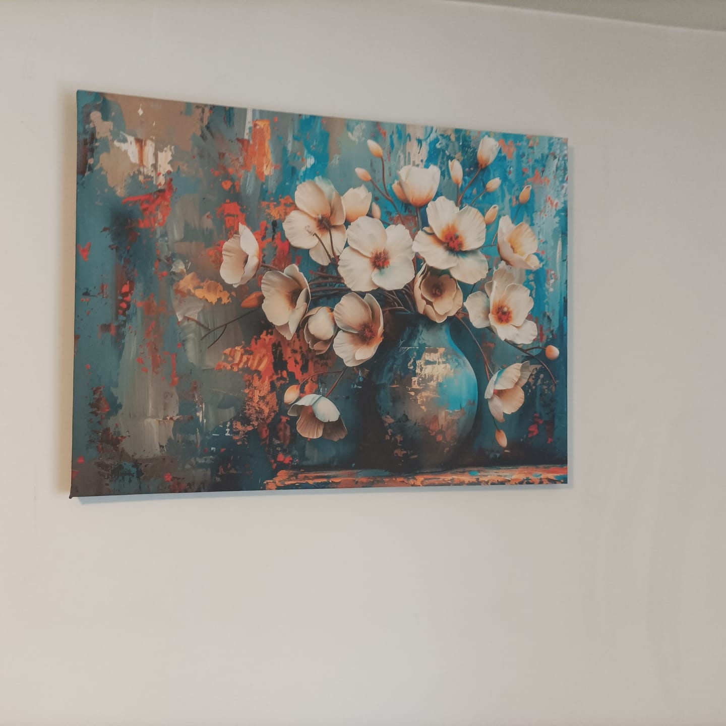 Customer photo review of Tablou canvas abstract cu flori albe in vaza pe fundal turcoaz