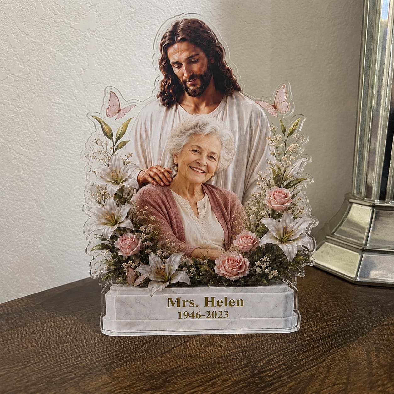 Customer photo review of Custom Photo Jesus Protecting Keepsake -  Personalized Custom Shape Acrylic Plaque - Memorial Gift for Loss of Loved One, Grandparents
