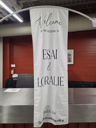 Customer photo review of Custom Wedding Welcome Sign | Personalized Fabric Banner for Ceremony or Reception Entrance | Engagement Party Sign