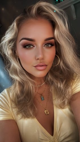 Customer wearing the Golden Fortune Necklace as part of a layered set against a yellow top.
