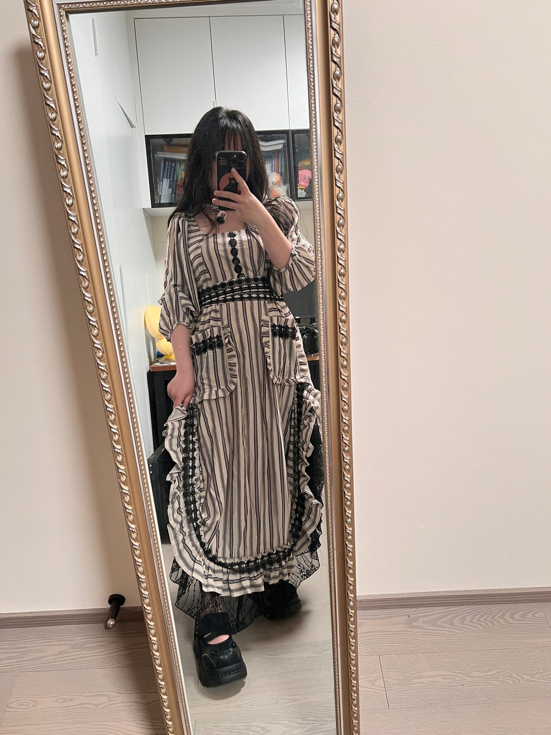 Customer photo review of DOINDULGE Striped Square-Neck Fitted Waist Dress with Lace Trim