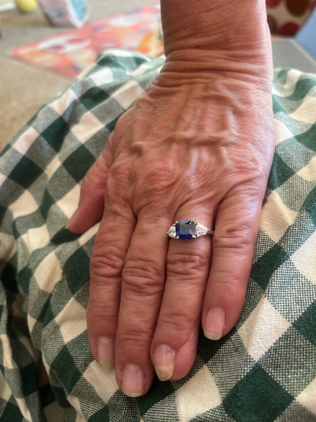 Customer photo review of 3-Stone 3ct Sapphire-Blue Cushion CZ Ring in Sterling Silver