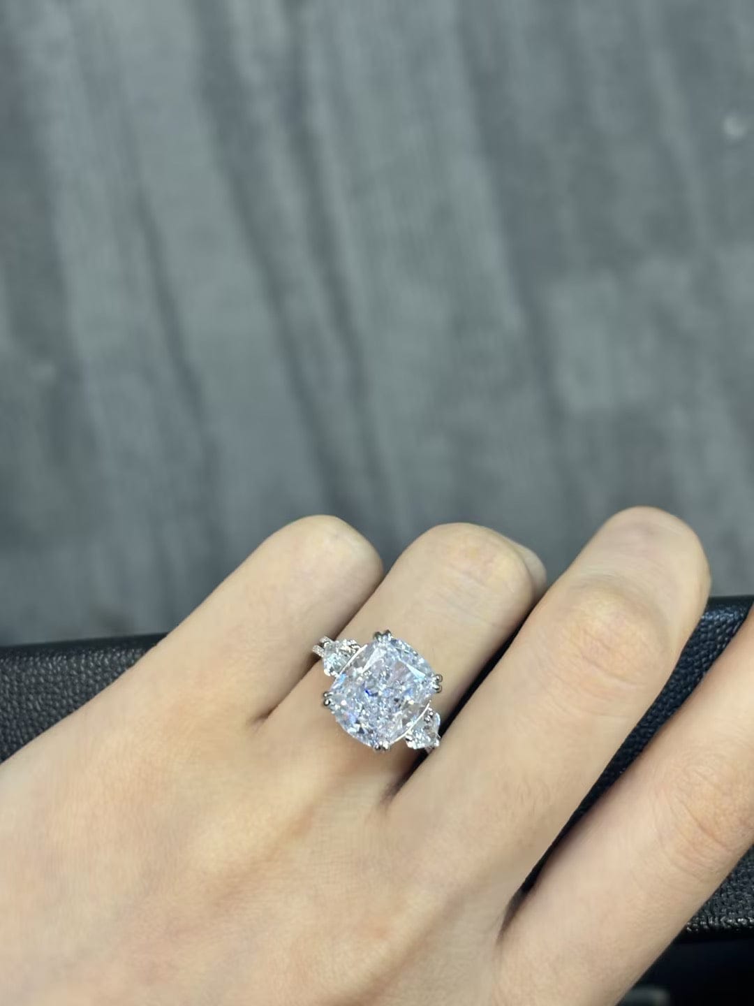 Customer photo review of S925 6.0Ct Cushion Cut Three Stone Engagement Ring Simulated or Moissanite Diamond Bridal Rings For Women