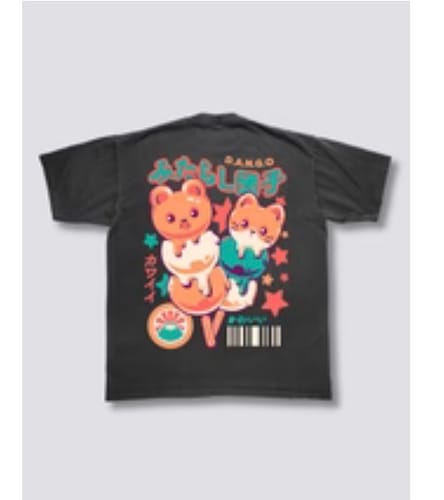 Customer's dark Dango Vintage T-Shirt laid flat, showing the large colorful graphic on the back.