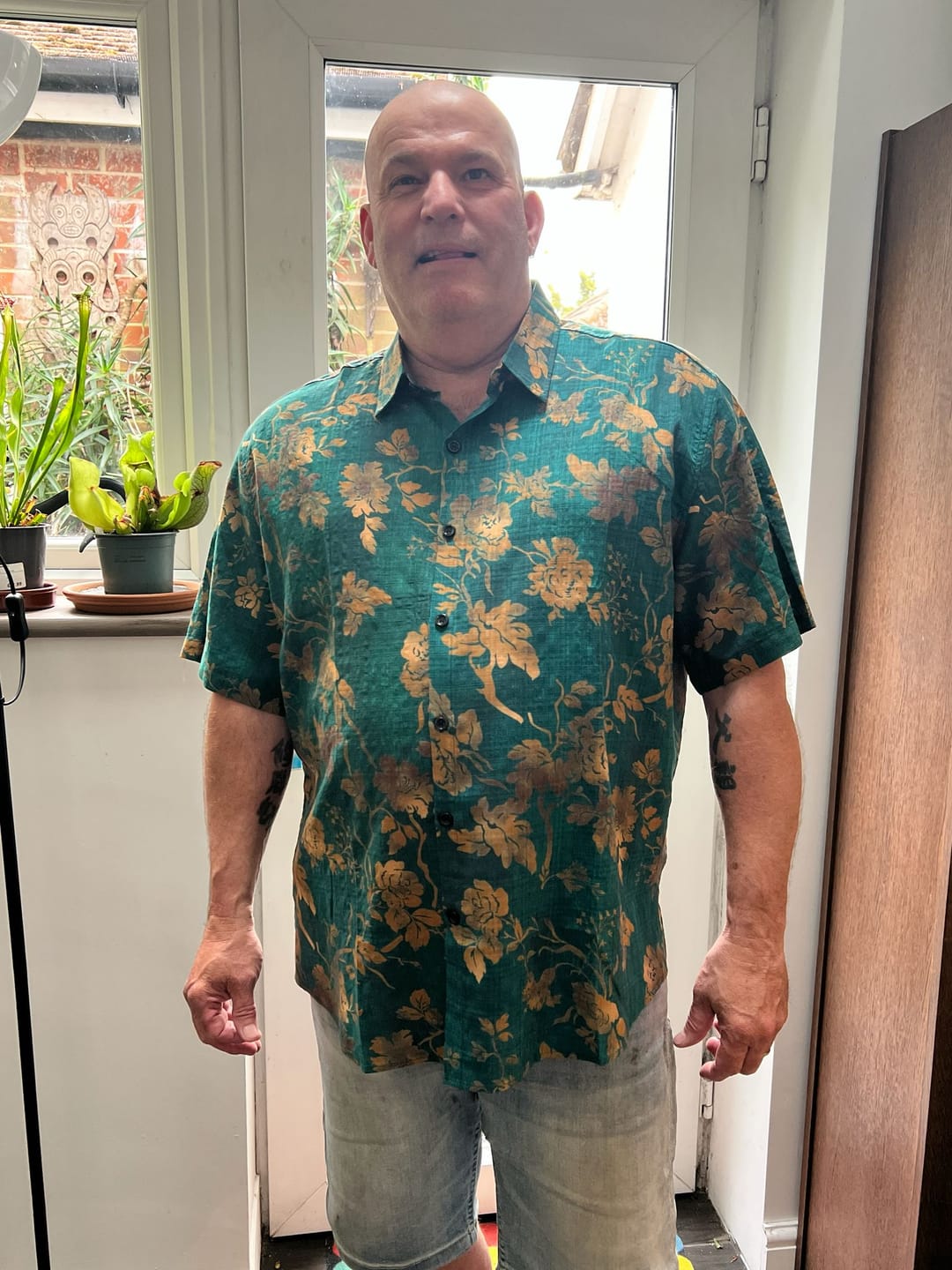 Customer photo review of Men's Vacation Cotton Button Up Short Sleeve Green Vintage Hawaiian Shirt