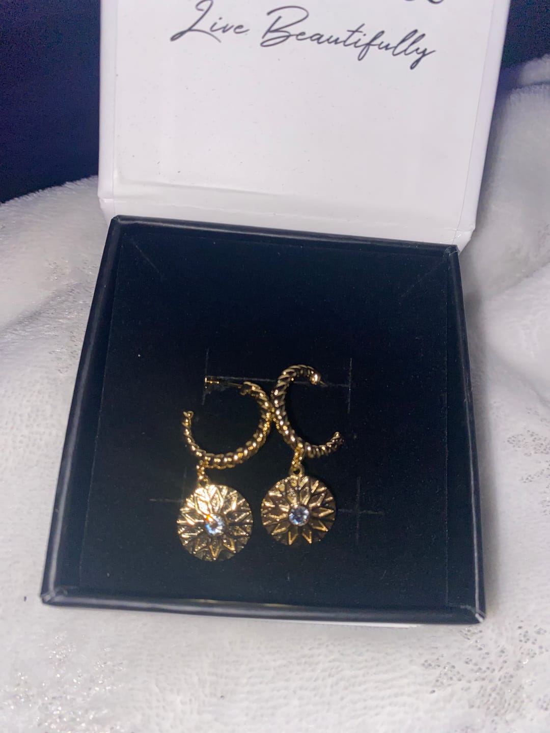 Customer photo review of Suzanne 18k White Gold Plated Dangle Earrings with Swarovski Crystals for Women