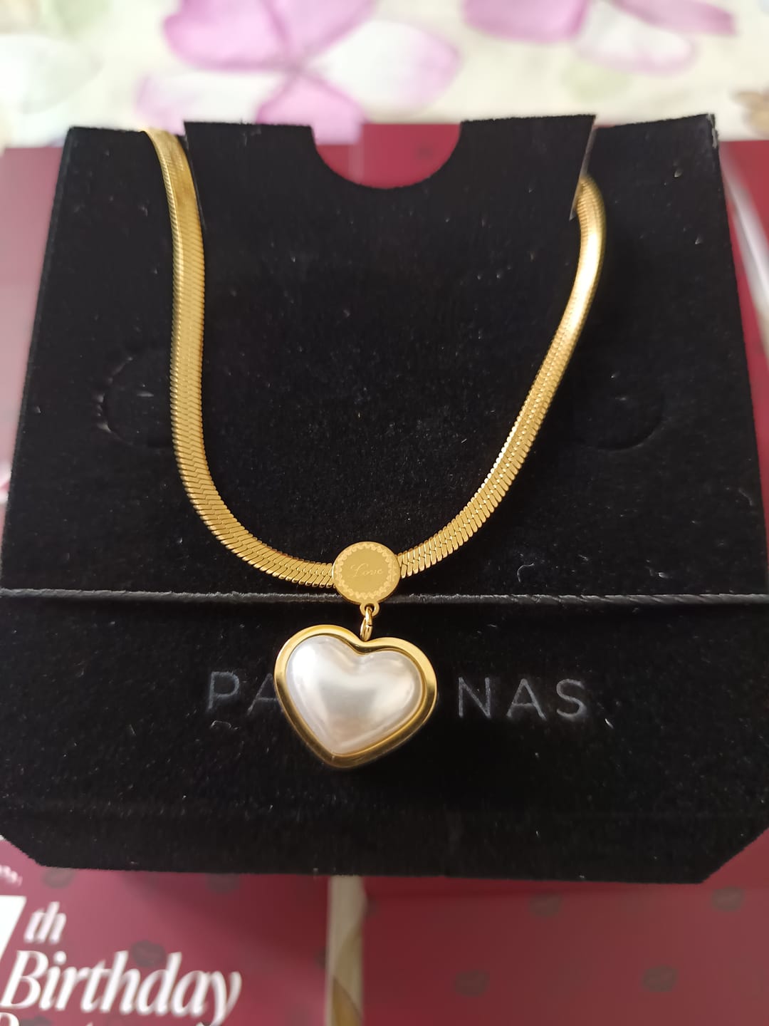 Customer photo review of Golden Framed Pearl Heart Necklace