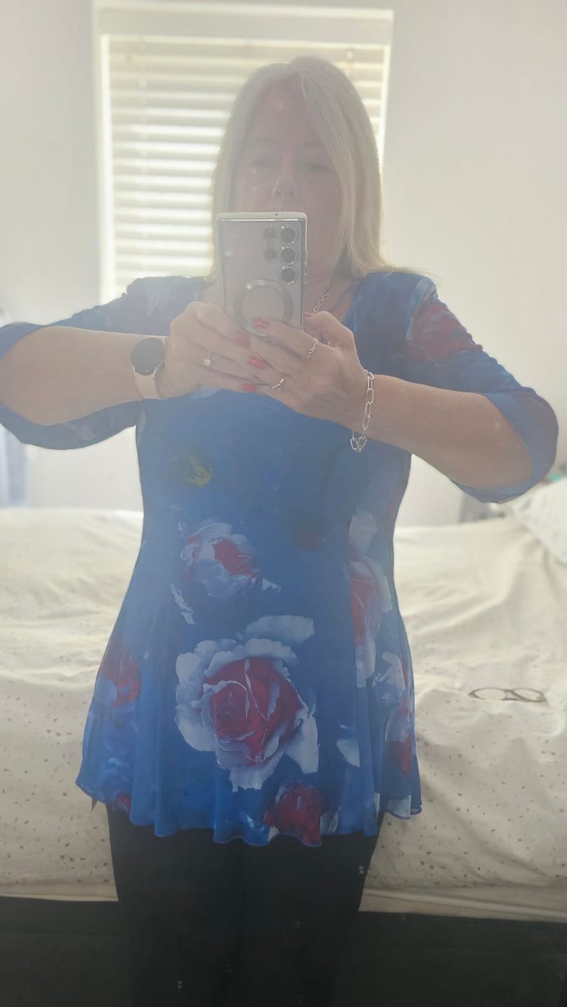 Customer photo review of Blue Pink Rose V Neck Tunic