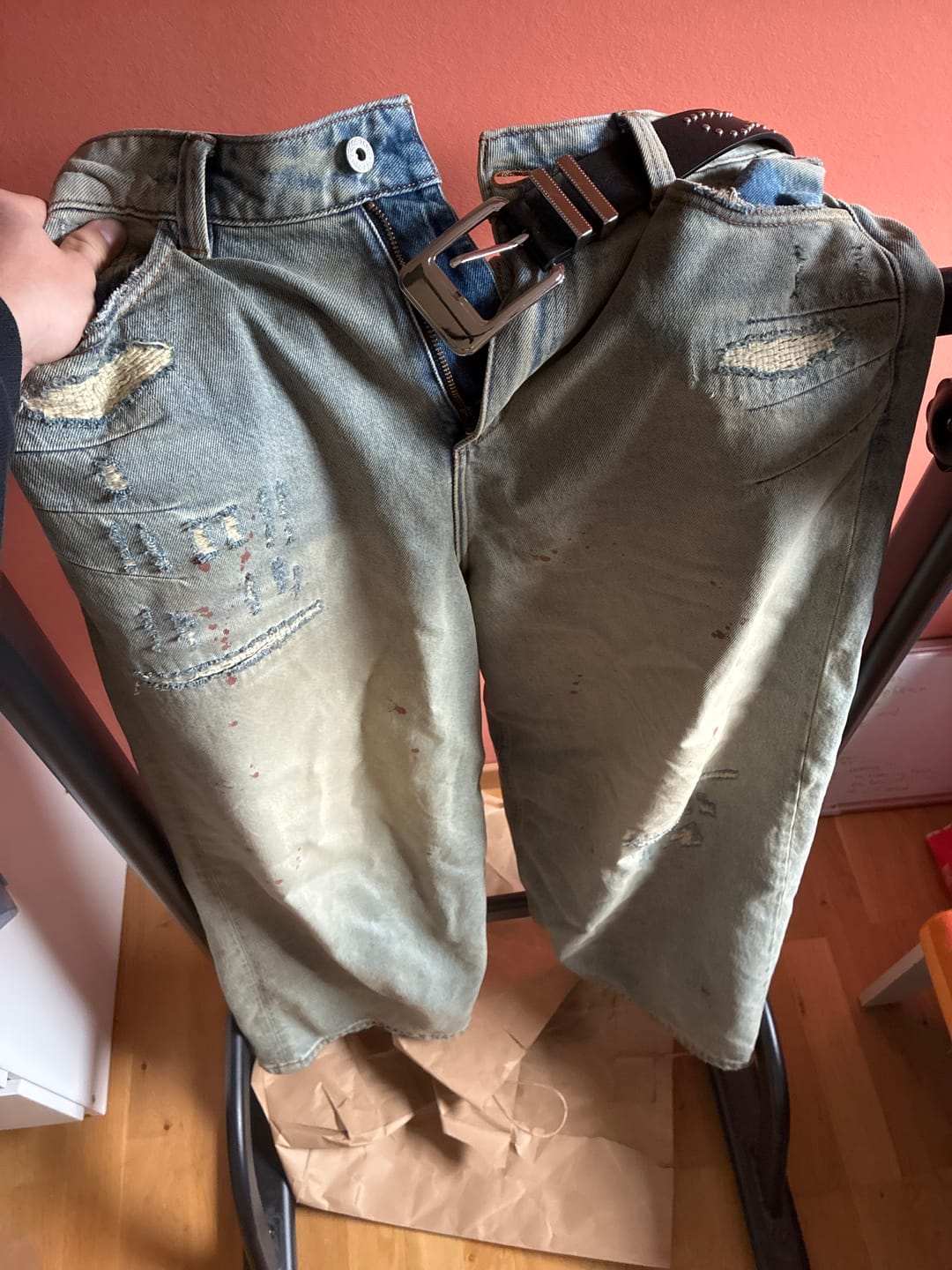 Customer photo review of Repaired Construction Denim Jeans Blue