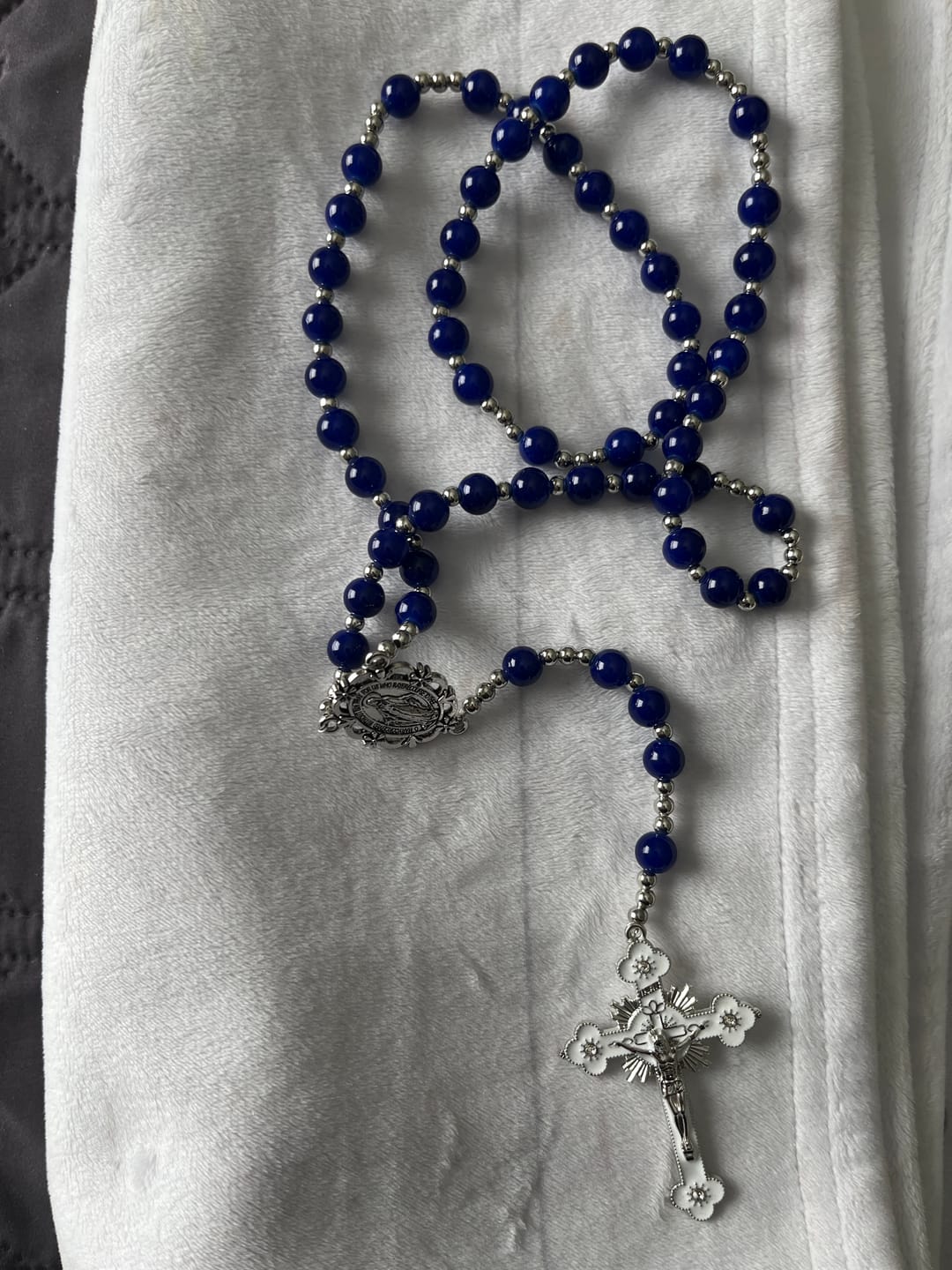 Customer photo review of Christianartworkshop Lapis Lazuli Bead Rosary with Etched Crucifix: Emblem of Divine Wisdom & Marian Grace