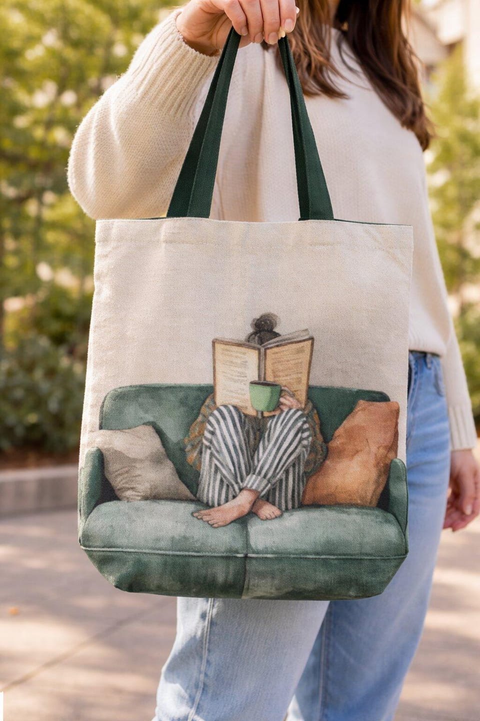 Customer photo review of Cozy Reader Boho Canvas Tote Bag with Zipper