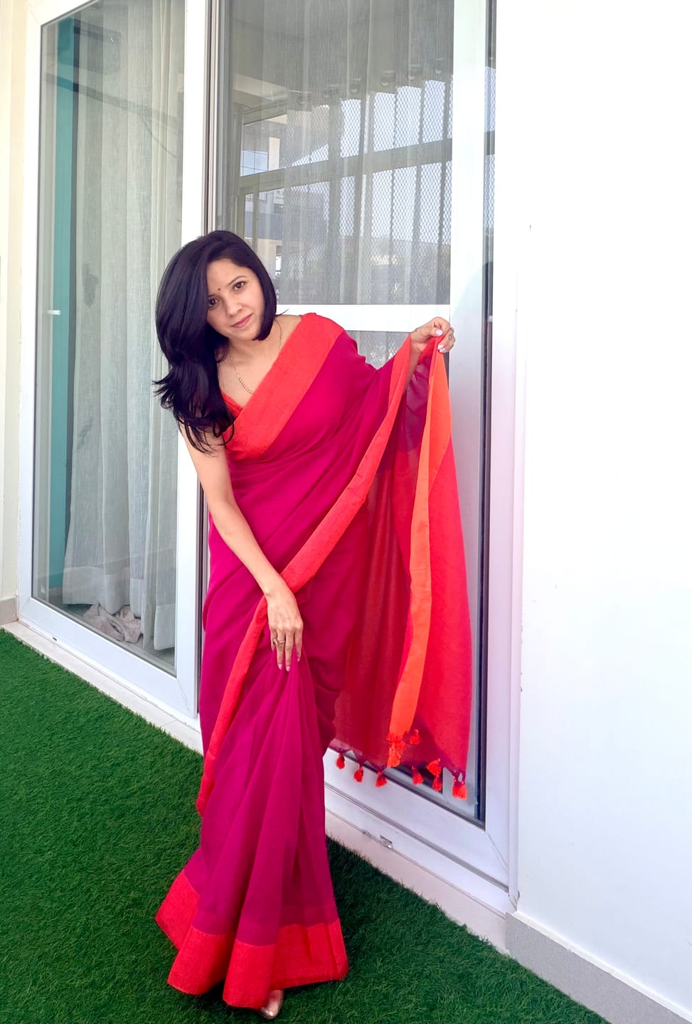 Customer photo review of Pink Orange Soft Cotton  Saree