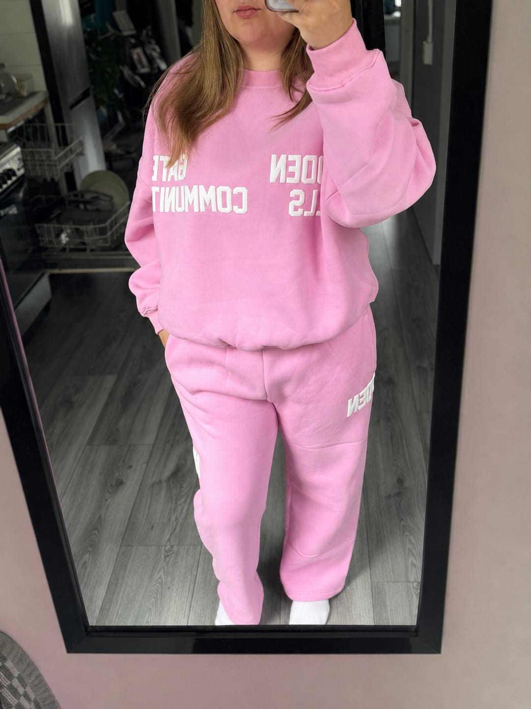 Customer photo review of the GATED COMMUNITY SWEATER in BUBBLEGUM PINK