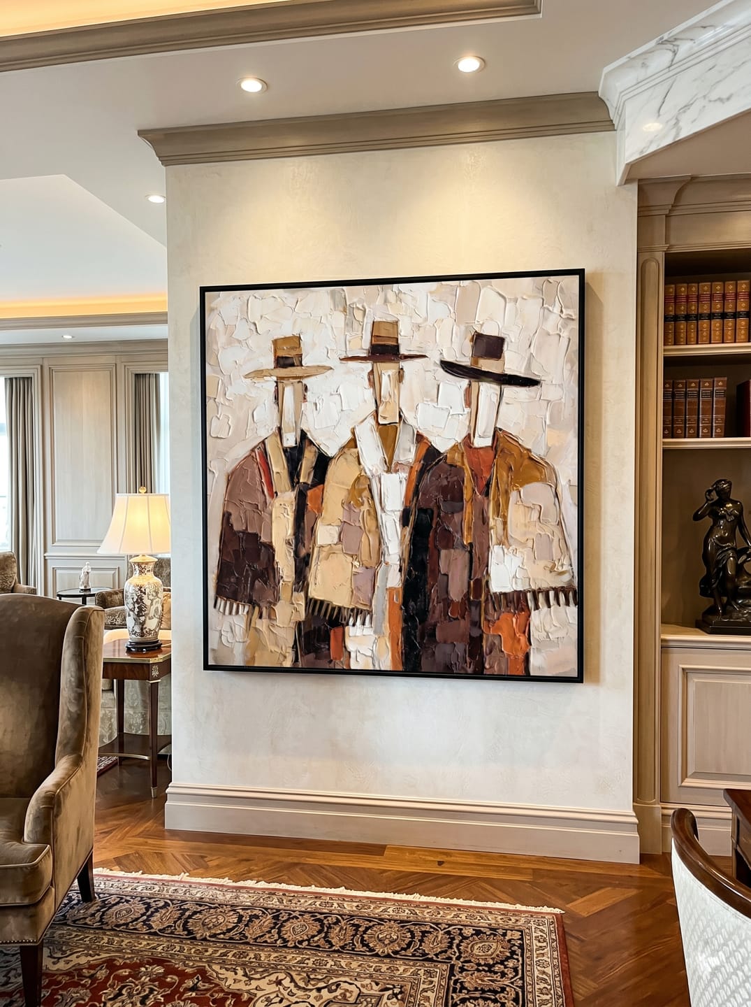 Customer photo review of The Quiet Assembly – Mid-Century Neo-Expressionist Figures Heavy Impasto Painting | Earth Tone Palette Knife Abstract Portrait Canvas for Modern Living Room & Study