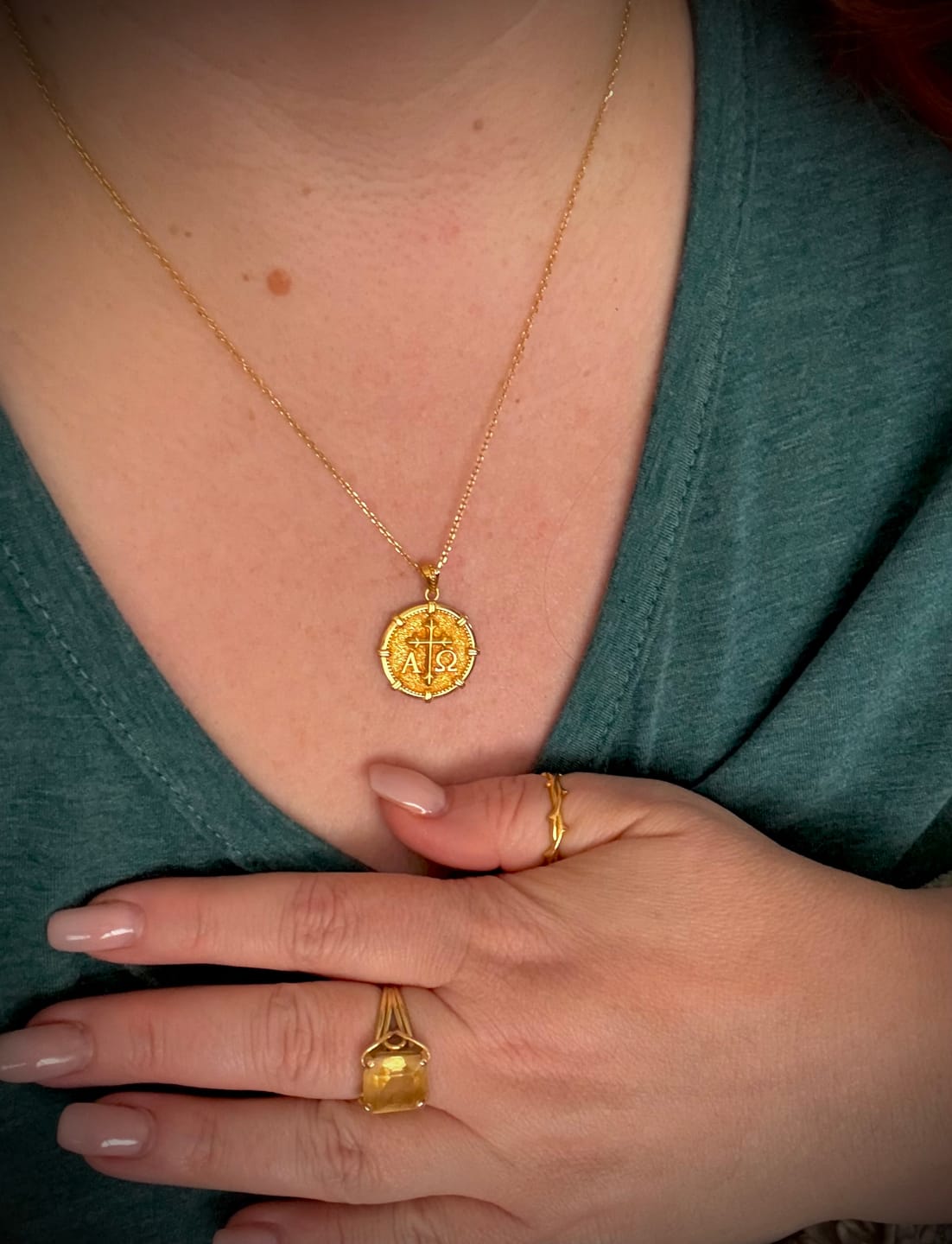 Customer photo review of Alpha Omega Fleur-de-Lis Cross Medallion Necklace