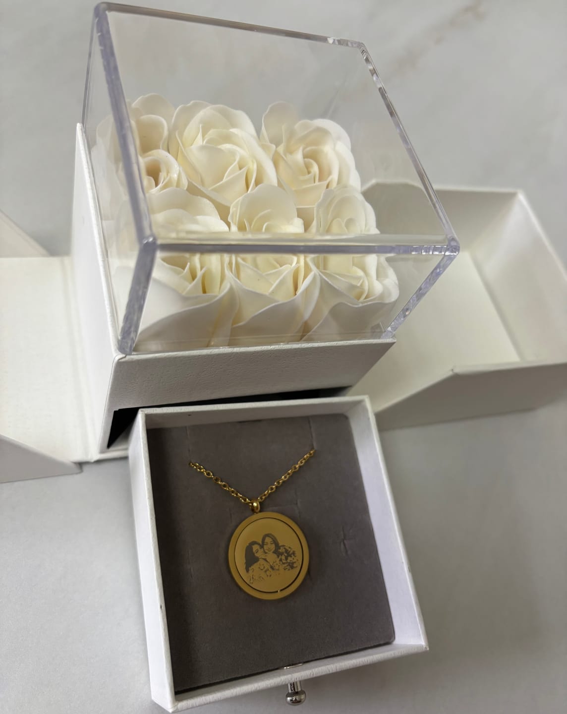 Customer photo review of Spinner round necklace- engravable gold