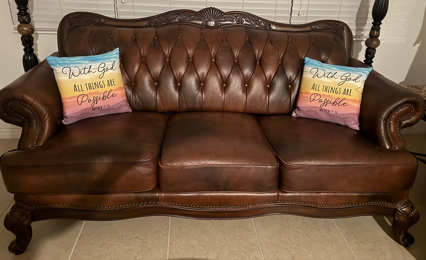 Customer photo review of With god all things are possible Matthew 19:26 Bible verse pillow