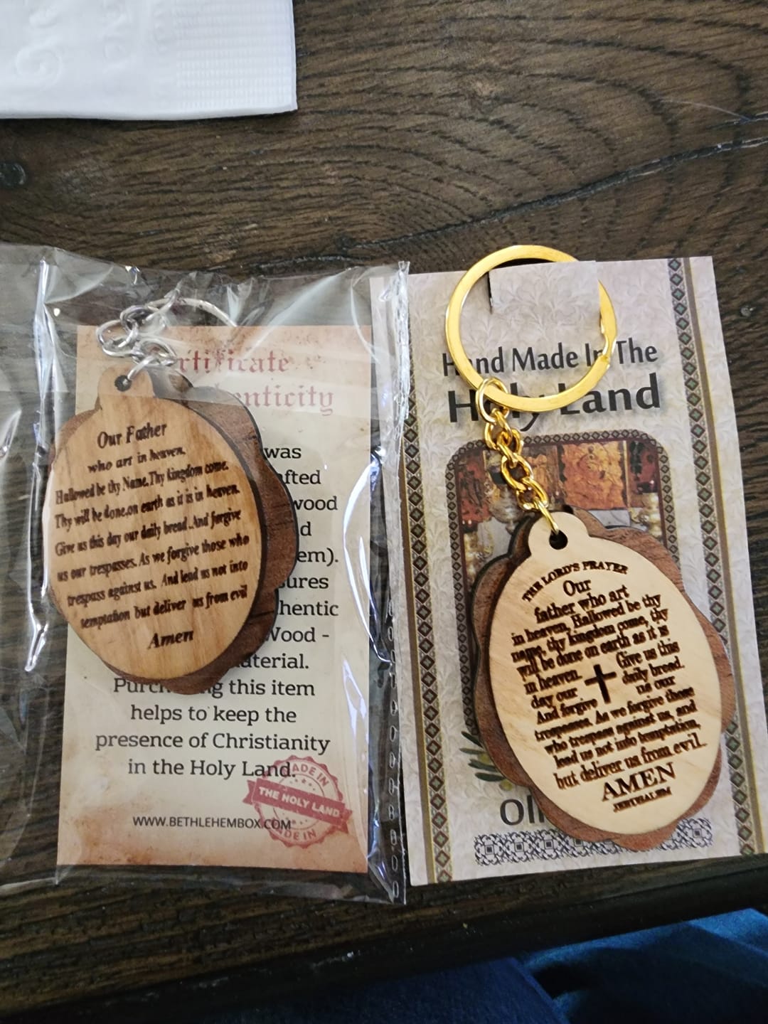 Customer photo review of NEW* Olive Wood Keychain with Our Father Prayer