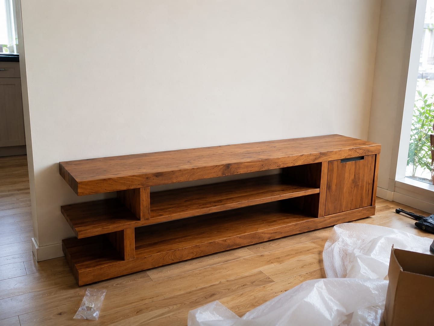 Customer photo review of Modern Solid Wood Asymmetrical TV Stand with Tiered Shelving
