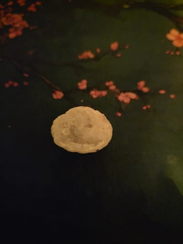 Customer's small, white crystal geode on a dark tabletop with a floral design.