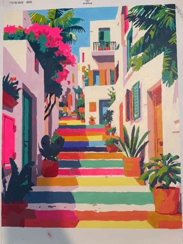 Customer's completed 'A rainbow stairs' Paint by Number canvas, showing a vibrant alleyway with colorful steps.