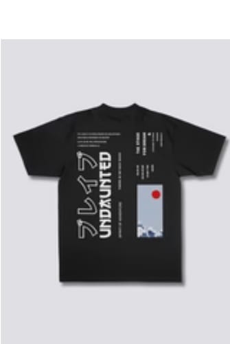 Customer's black Undaunted T-Shirt laid flat, showing the Japanese-inspired back graphic.