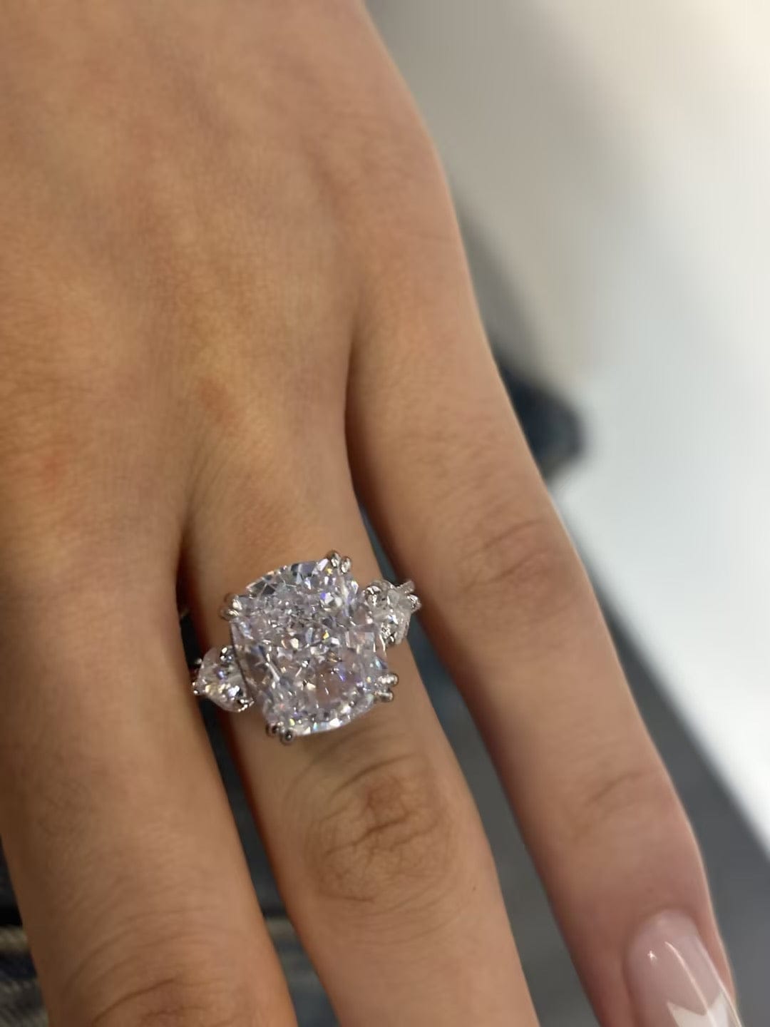 Customer photo review of S925 6.0Ct Cushion Cut Three Stone Engagement Ring Simulated or Moissanite Diamond Bridal Rings For Women