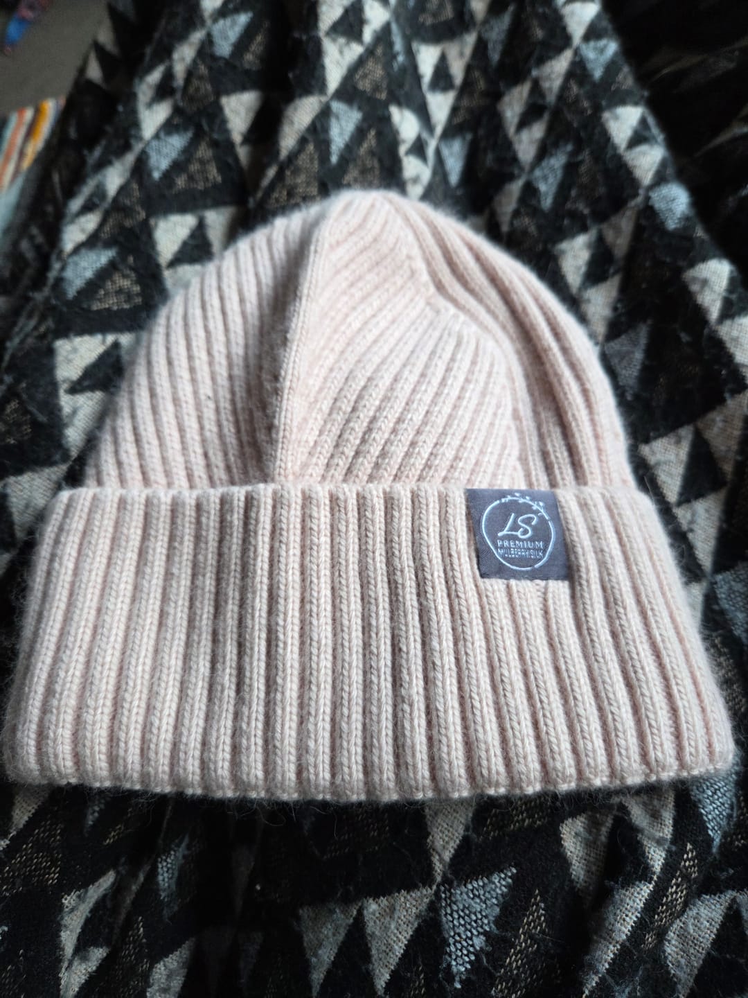 Customer photo review of Mulberry Silk-Lined Slim Ribbed Beanie – Cashmere Blend with Removable Pom Pom - Pink
