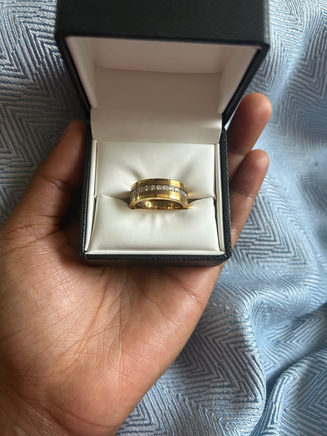 Customer photo review of 8mm - Men's Tungsten Wedding Band, CZ Diamond Ring, Comfort Fit Ring, Yellow Gold Ring,