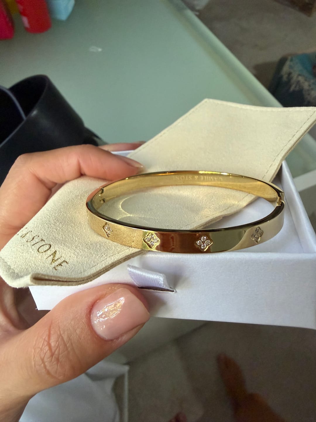 Customer photo review of Clover Sapphire Hinged Bangle Bracelet
