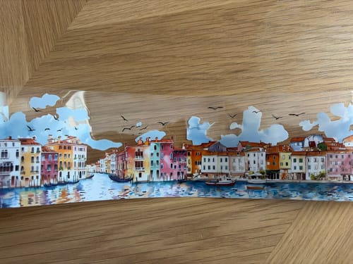 Customer's Summer In Europe Clear Washi Tape featuring a colorful Venice canal scene on a wooden surface.