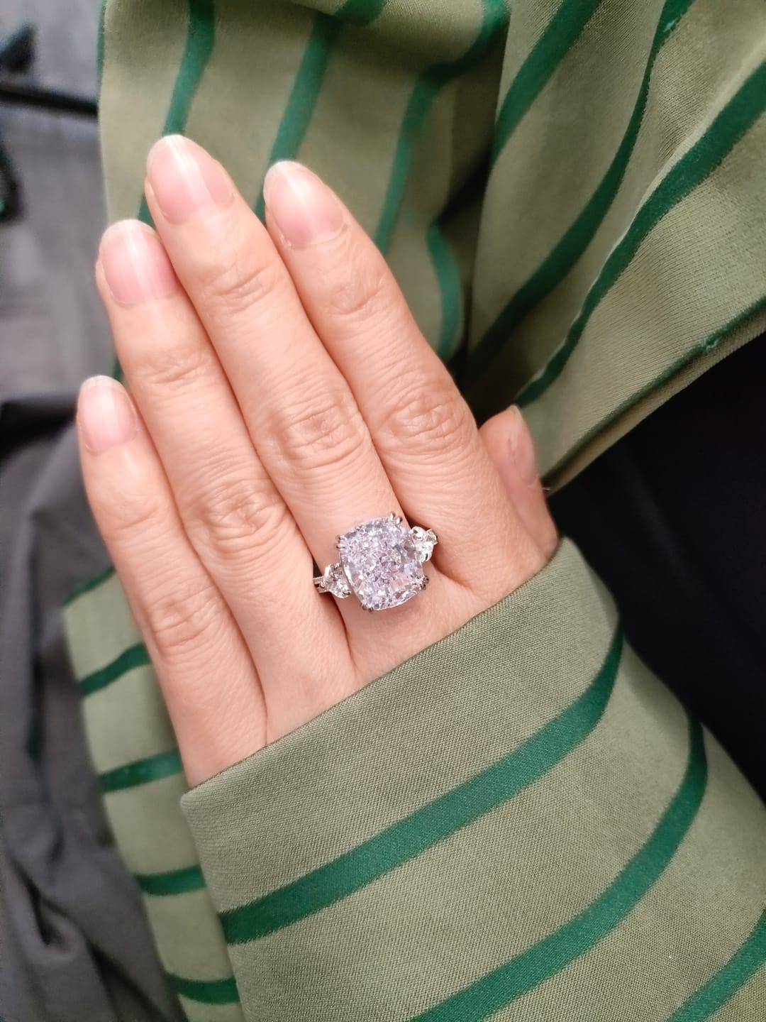 Customer photo review of S925 6.0Ct Cushion Cut Three Stone Engagement Ring Simulated or Moissanite Diamond Bridal Rings For Women