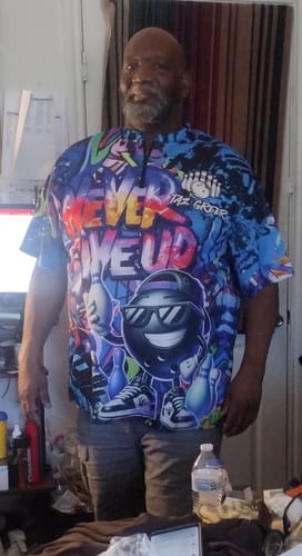 Customer photo review of Maxcorners Funny Never Give Up Graffiti Pattern Bowling Game Jersey Multicolor Options Personalized Name, Team Name 3D Shirt (4 Colors)