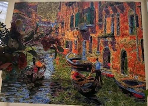 Customer's completed Custom Paint By Numbers kit, showing a colorful impressionistic painting of a Venice canal scene.