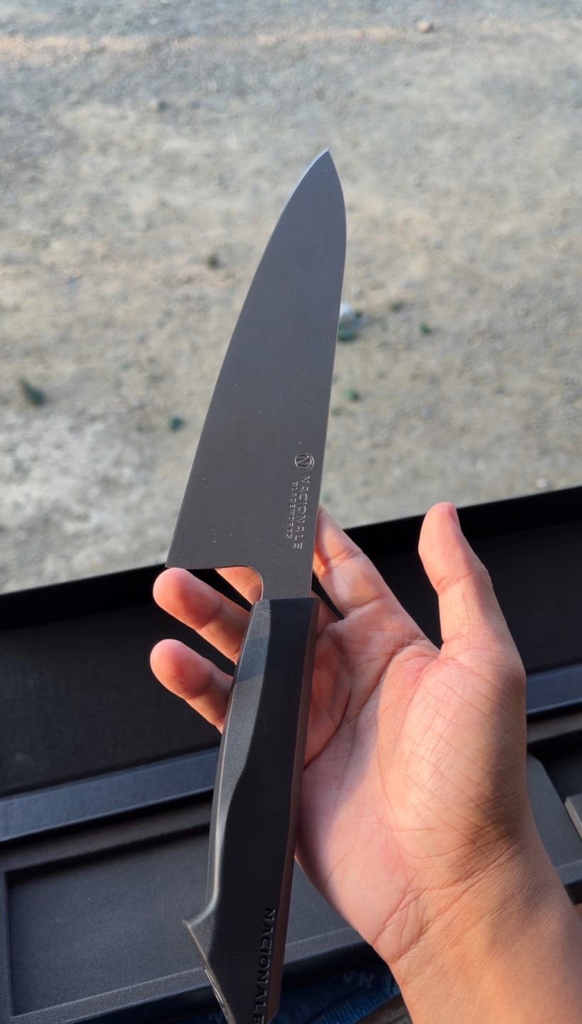 Customer photo review of 215mm Chefs Knife. AUS8 Steel. Recycled Plastic Skateboard Material Handle