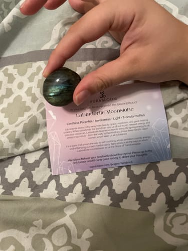 Customer holding a polished, iridescent Labradorite Moonstone crystal over its accompanying info card.